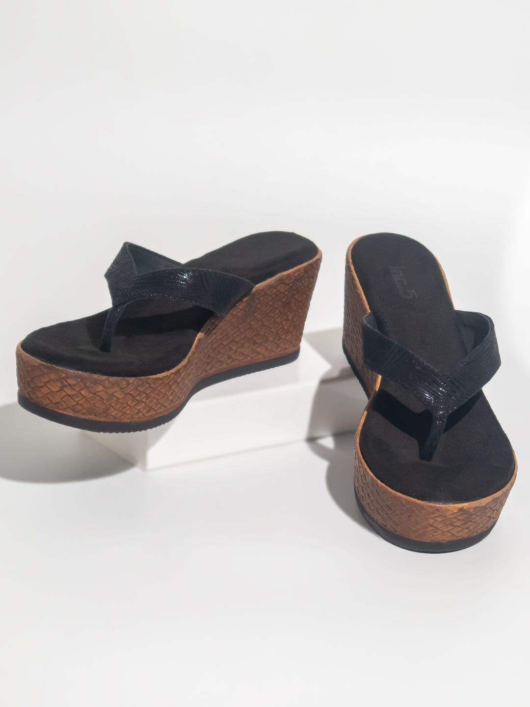 Minimalist Women Black Striped Embellished Wedge Heels