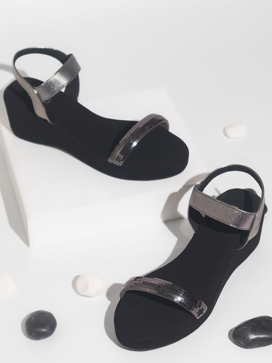 Minimalist Women Pewter Embellished Wedge Heel