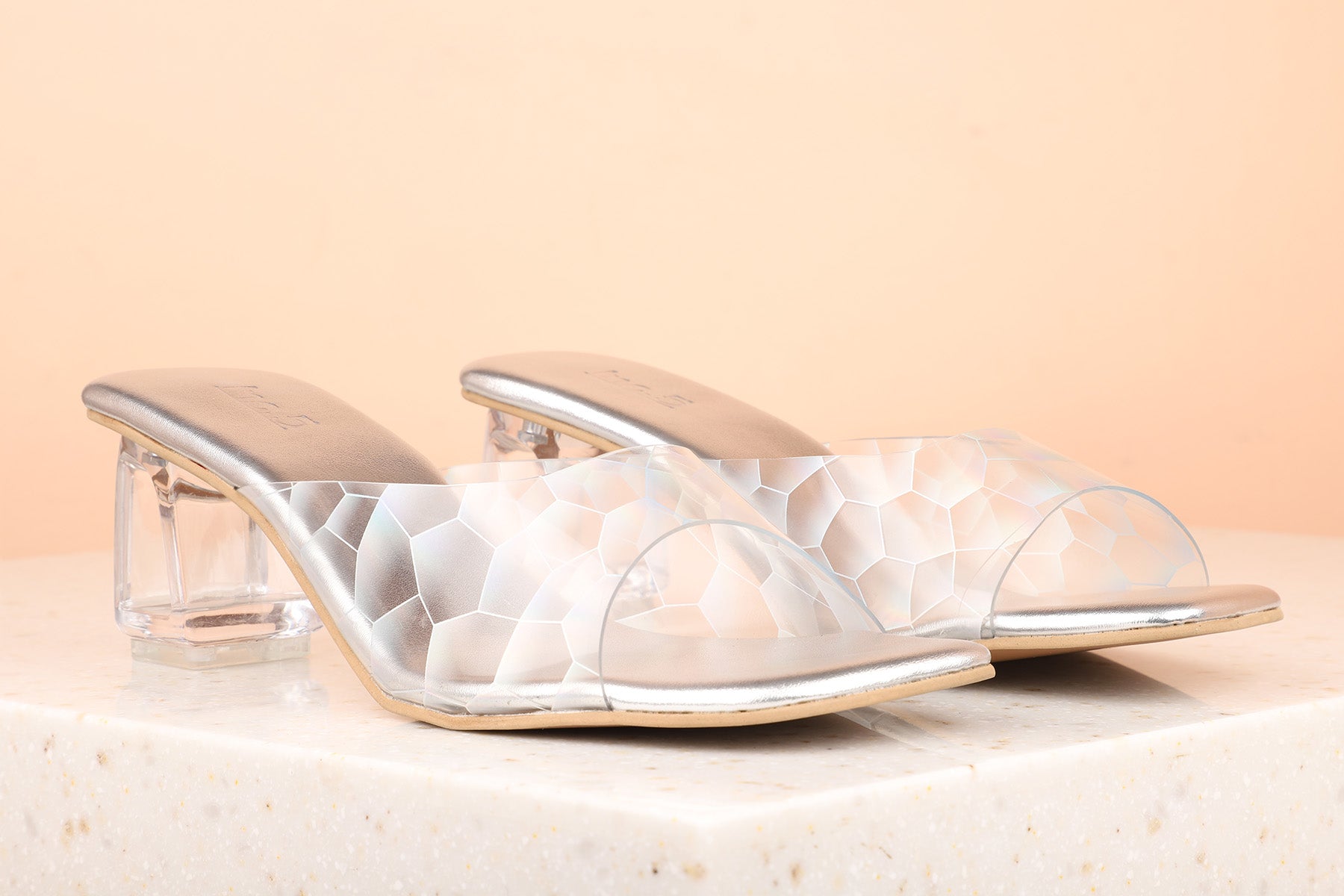 Minimalist Women Silver Transparent Geometric Print Block Heels