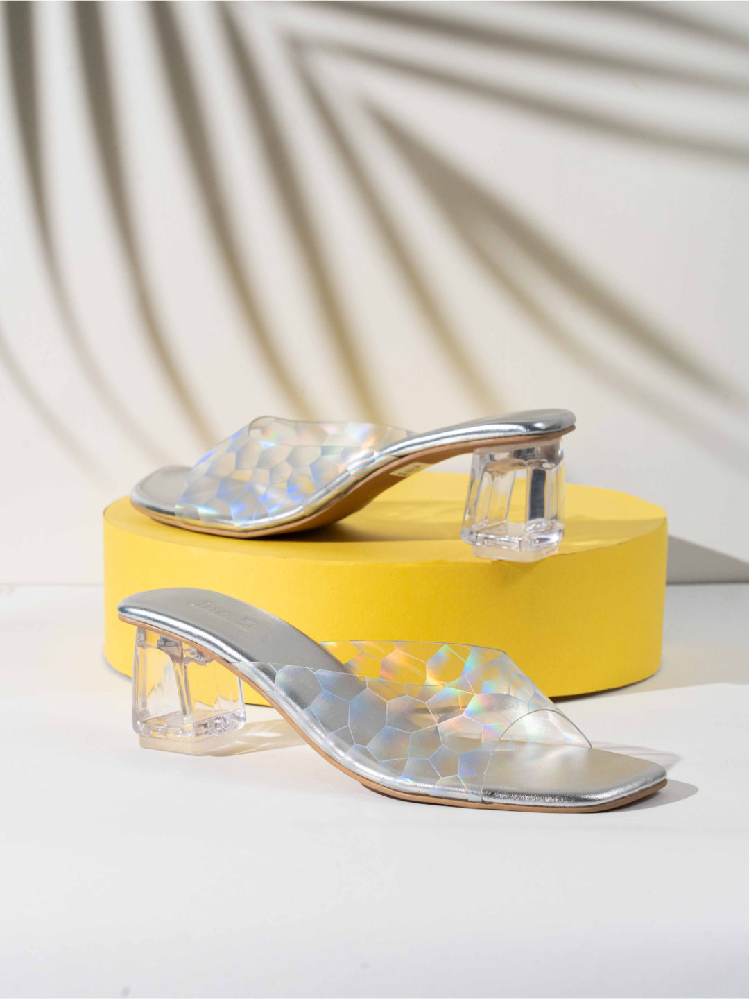 Minimalist Women Silver Transparent Geometric Print Block Heels