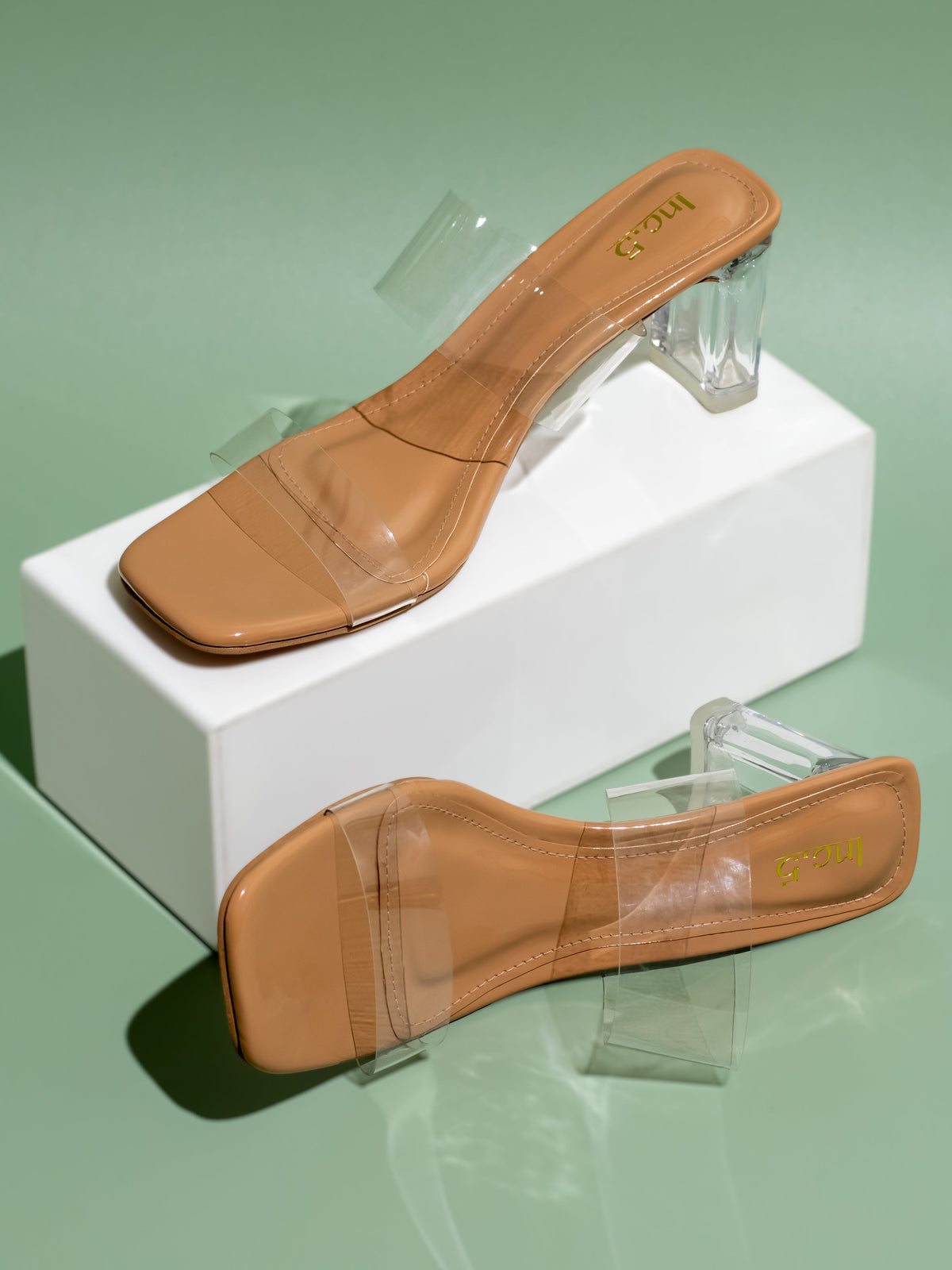 Minimalist Women Beige Transparent Block Heels