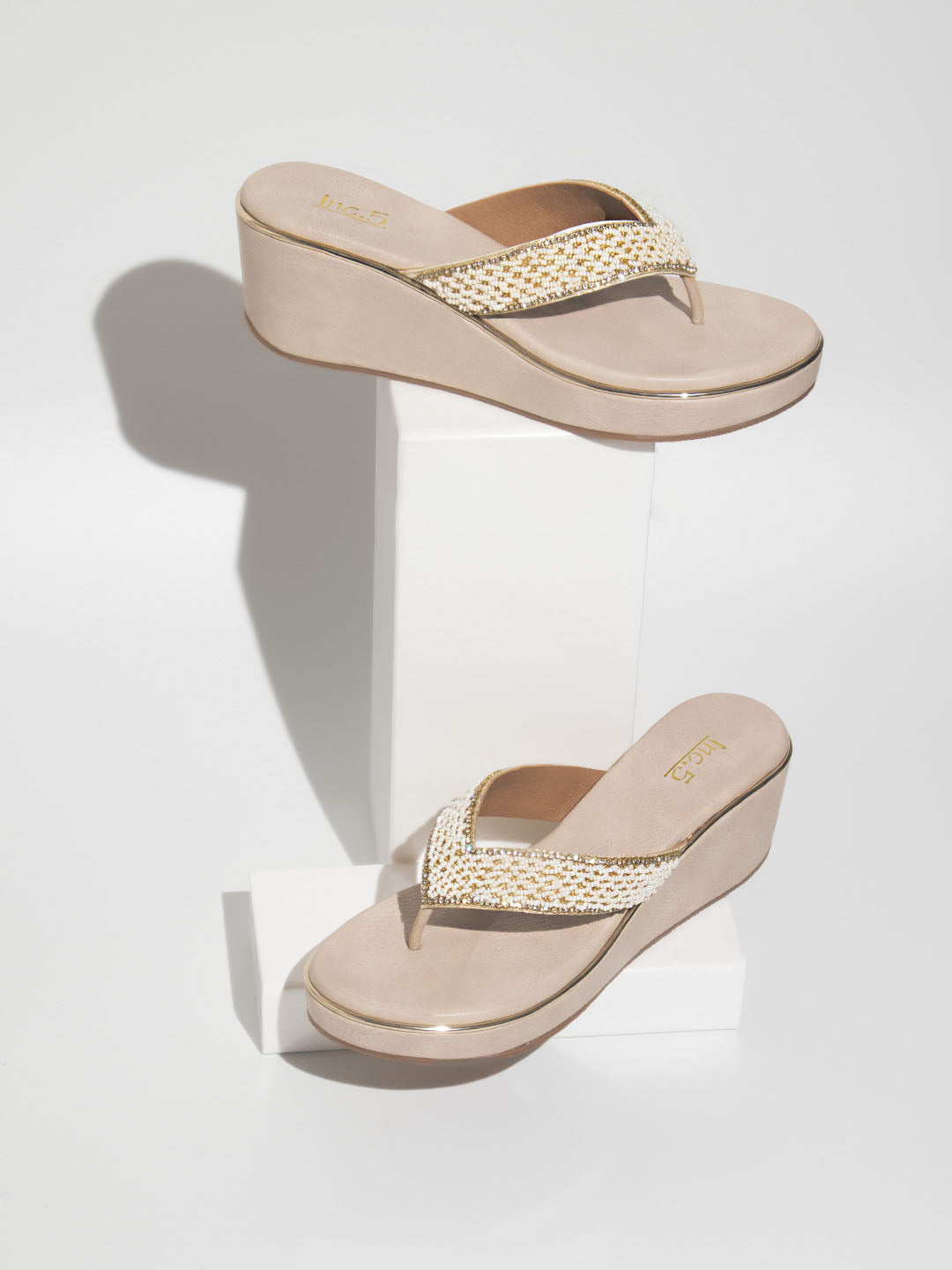 Minimalist Women Beige Embellished Ethnic Wedge Heels