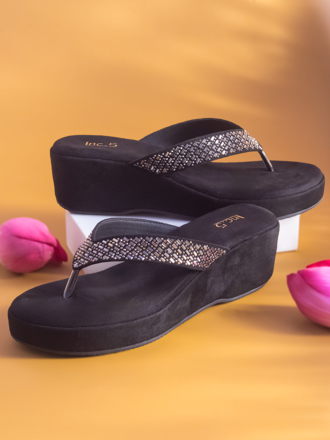 Minimalist Women Black Embellished Wedge Heel