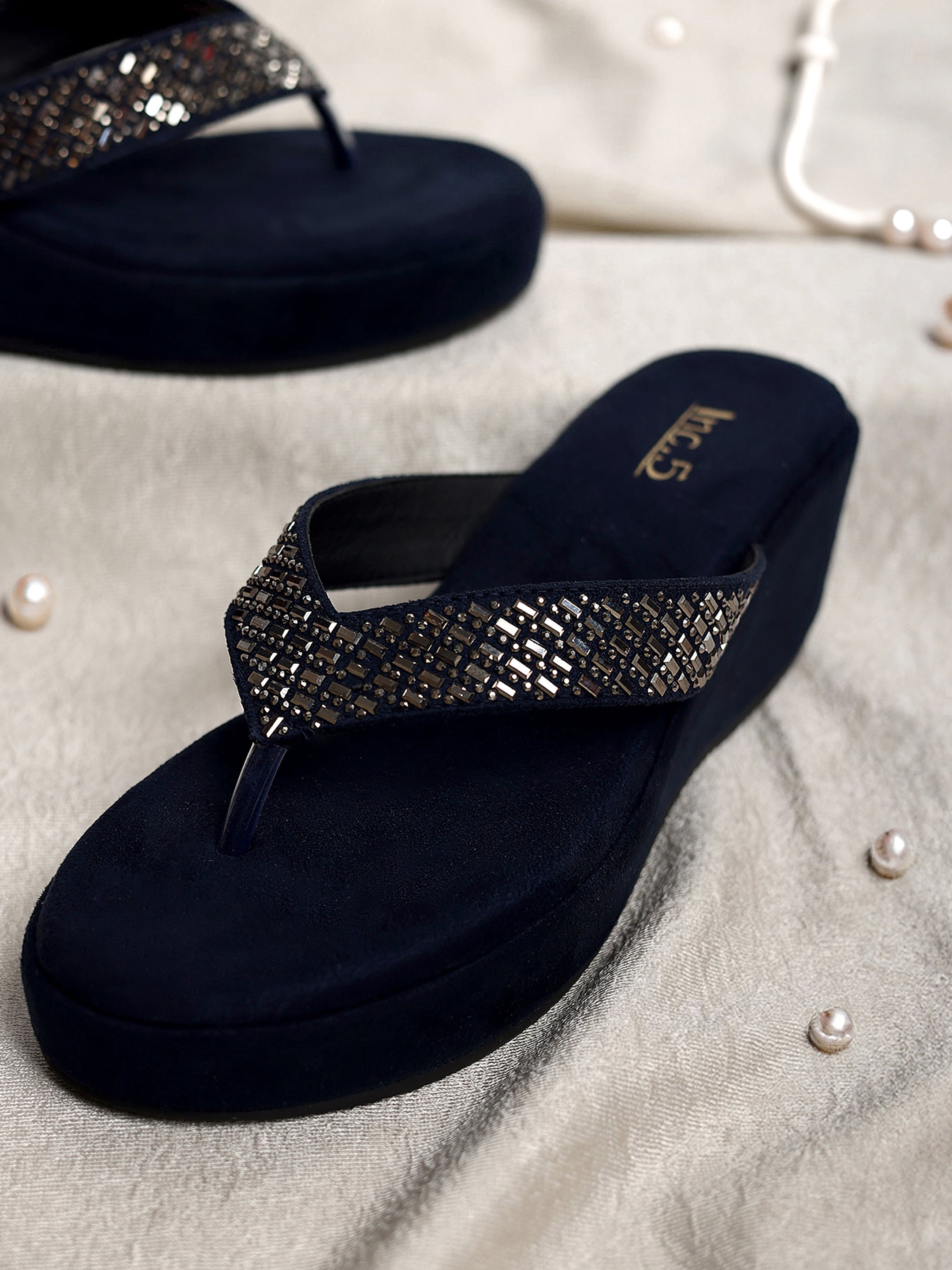 Minimalist Women Navy Embellished Wedge Heel