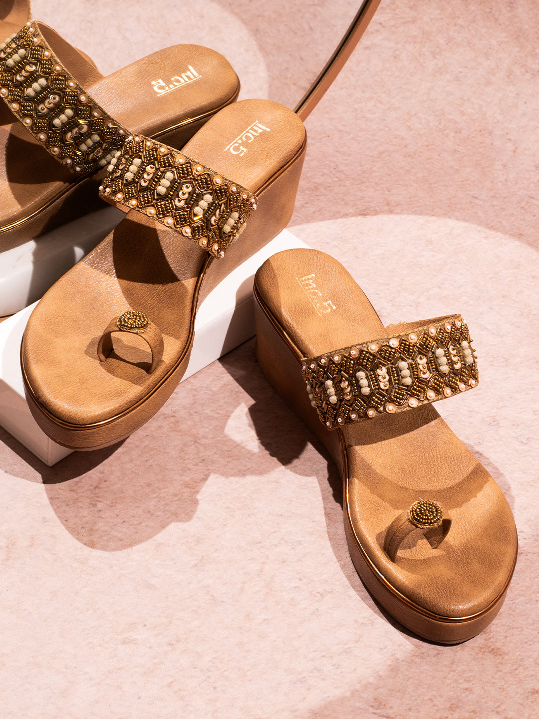 Minimalist Women Antique Embellished Ethnic Wedge Heels