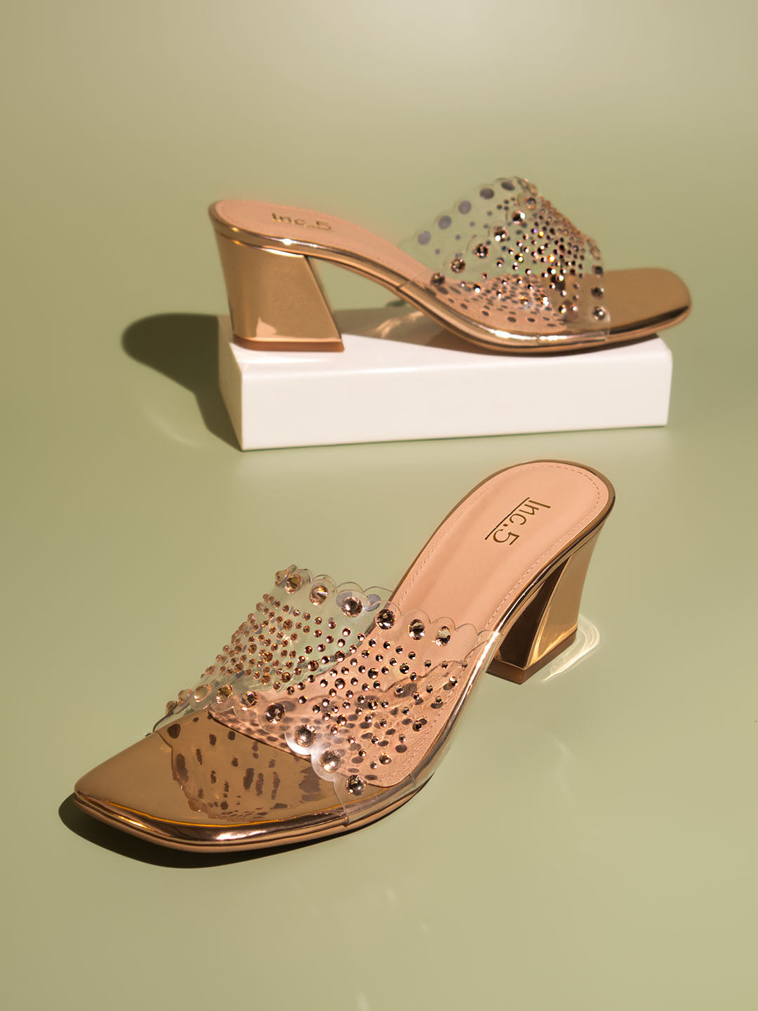 Minimalist Women Rose Gold Embellished Block Heels