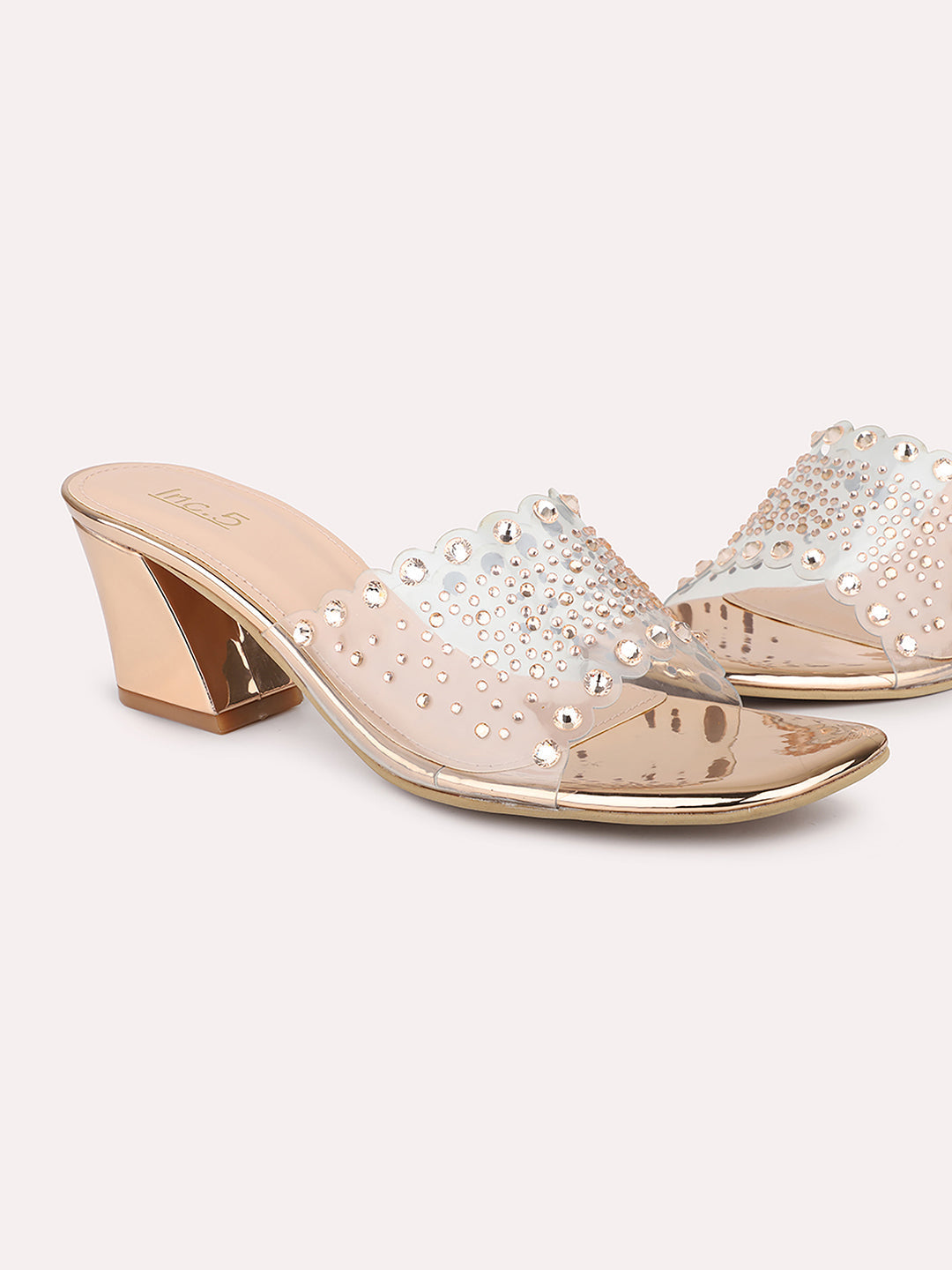 Minimalist Women Rose Gold Embellished Block Heels