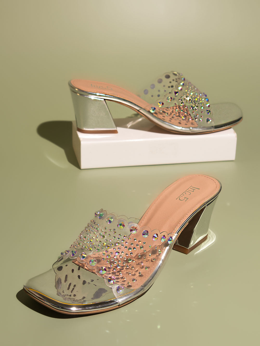 Minimalist Women Silver Embellished Block Heels
