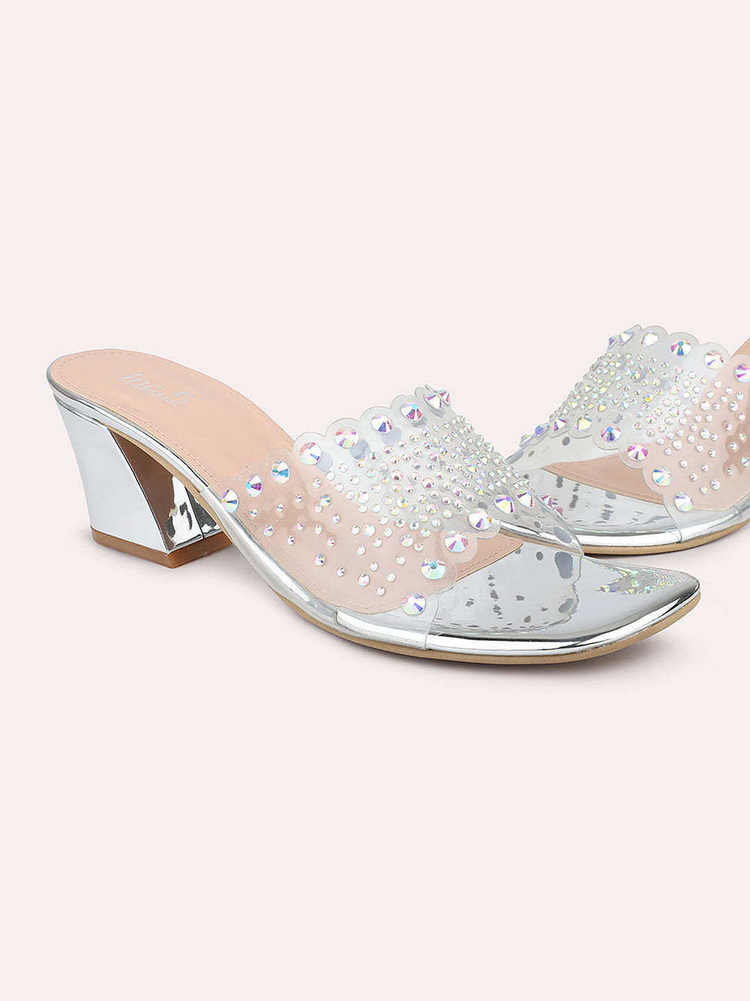 Minimalist Women Silver Embellished Block Heels