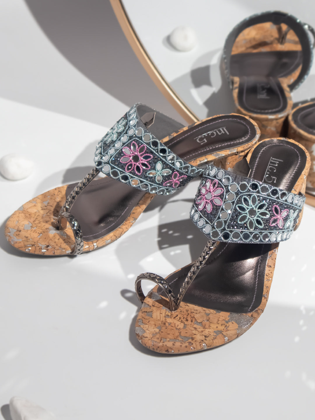 Minimalist Women Pewter Embellished Ethnic Block Heels