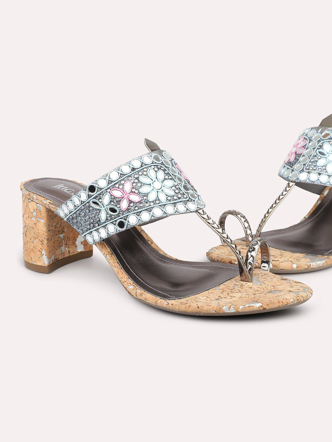 Minimalist Women Pewter Embellished Ethnic Block Heels
