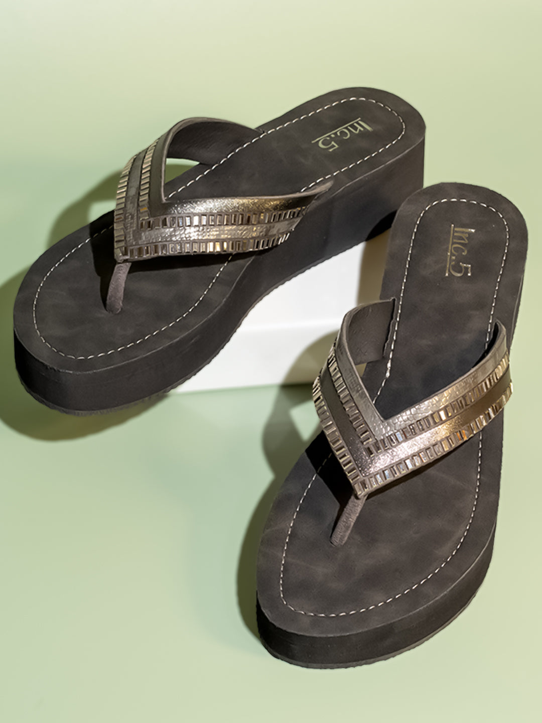 Minimalist Women Pewter Embellished Wedges Heel