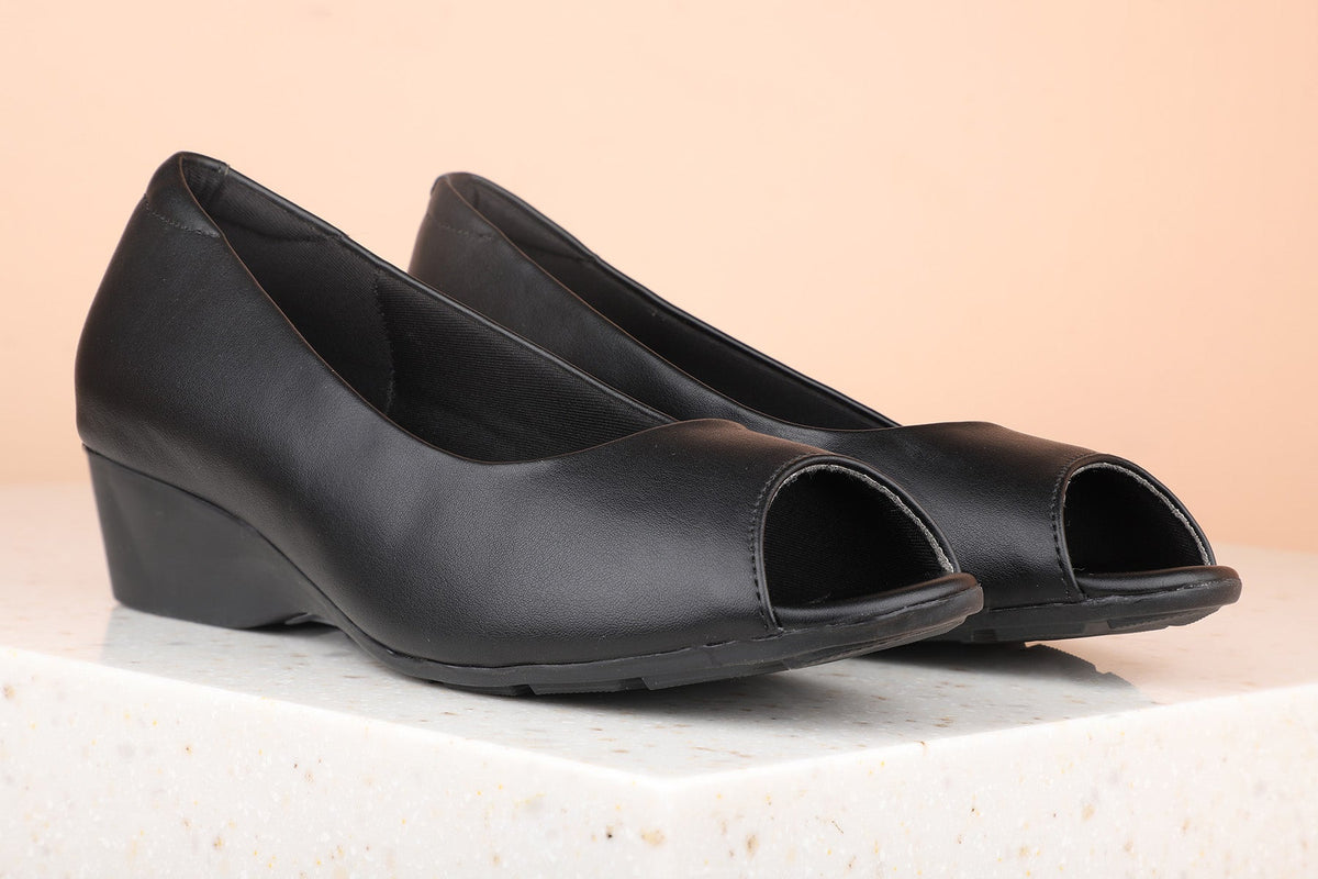 Minimalist Women Black Peep Toes Wedge Heels