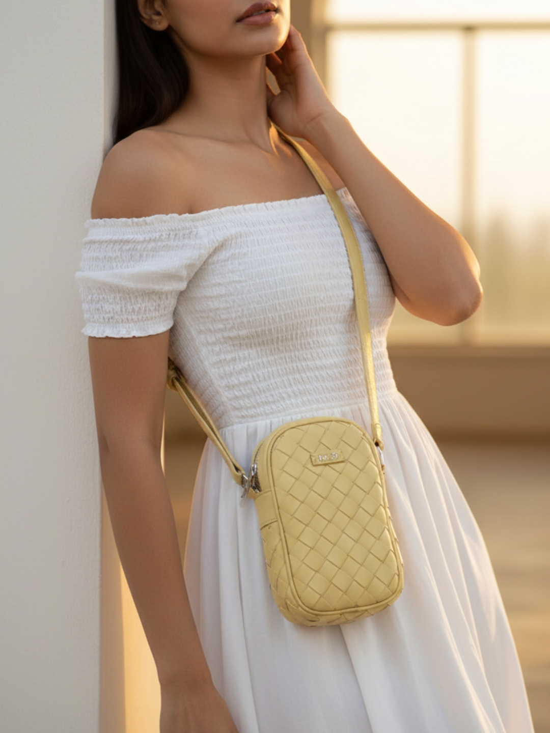 Minimalist Womens Yellow Textured Phone Sling Bag With Zip Lock