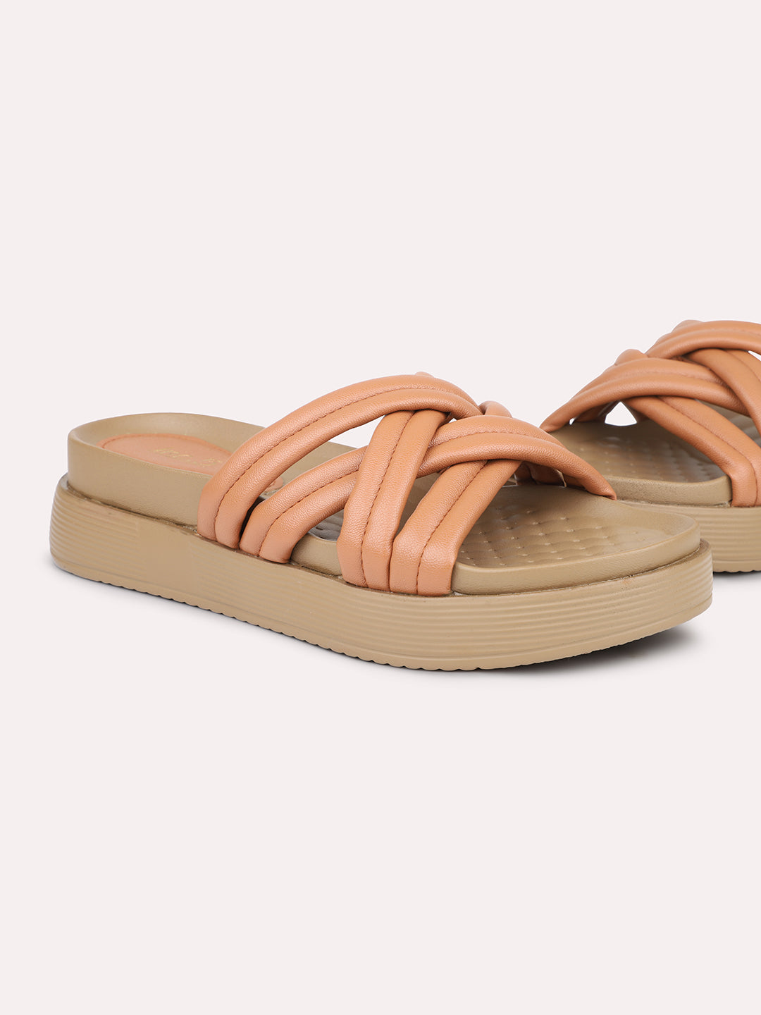 Minimalist Women Tan Striped Comfort Heels