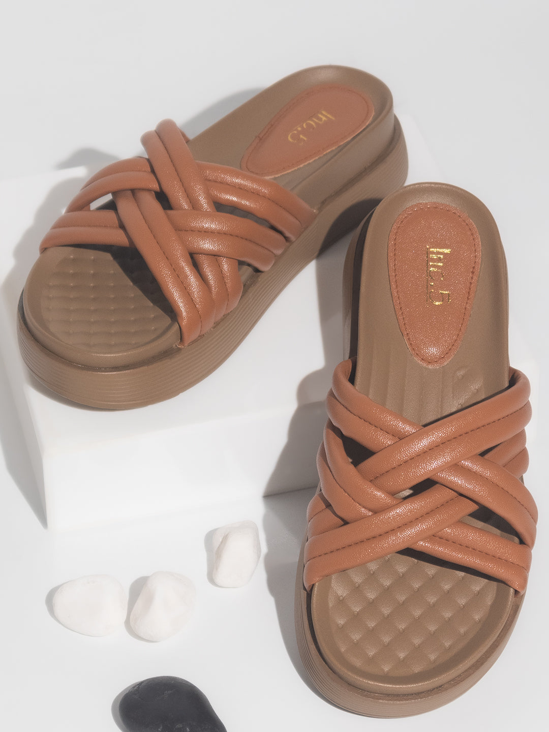 Minimalist Women Tan Striped Comfort Heels