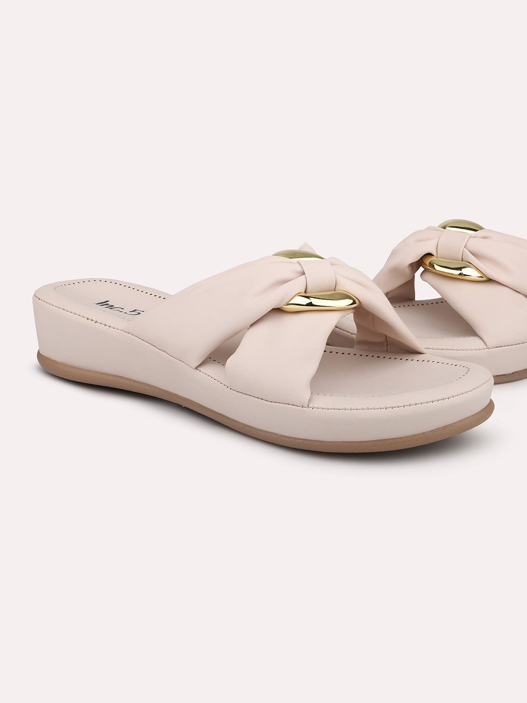 Minimalist Women Cream Embellished Comfort Heels