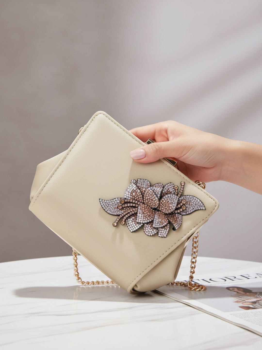 Minimalist Women Golden Embellished Sling Bag With Push Lock For Party