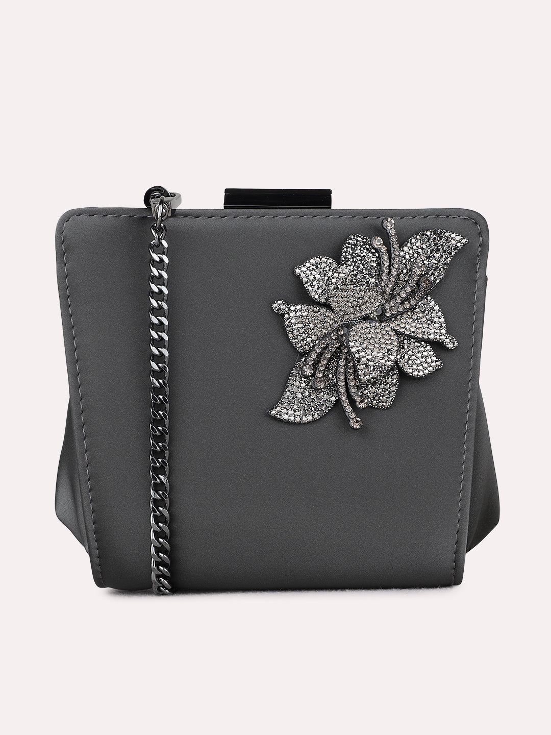 Minimalist Women Grey Embellished Sling Bag With Push Lock For Party