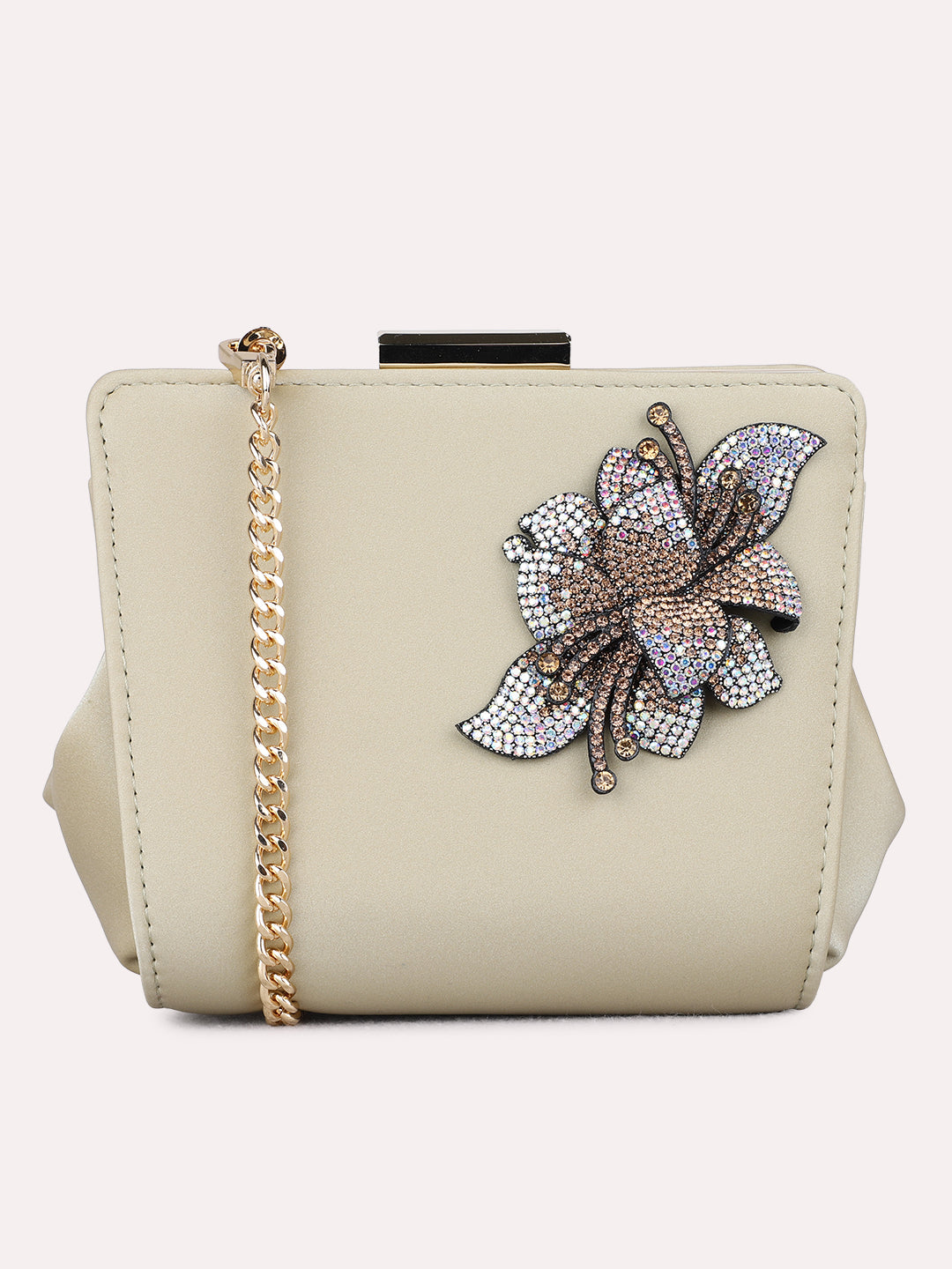Minimalist Women Golden Embellished Sling Bag With Push Lock For Party