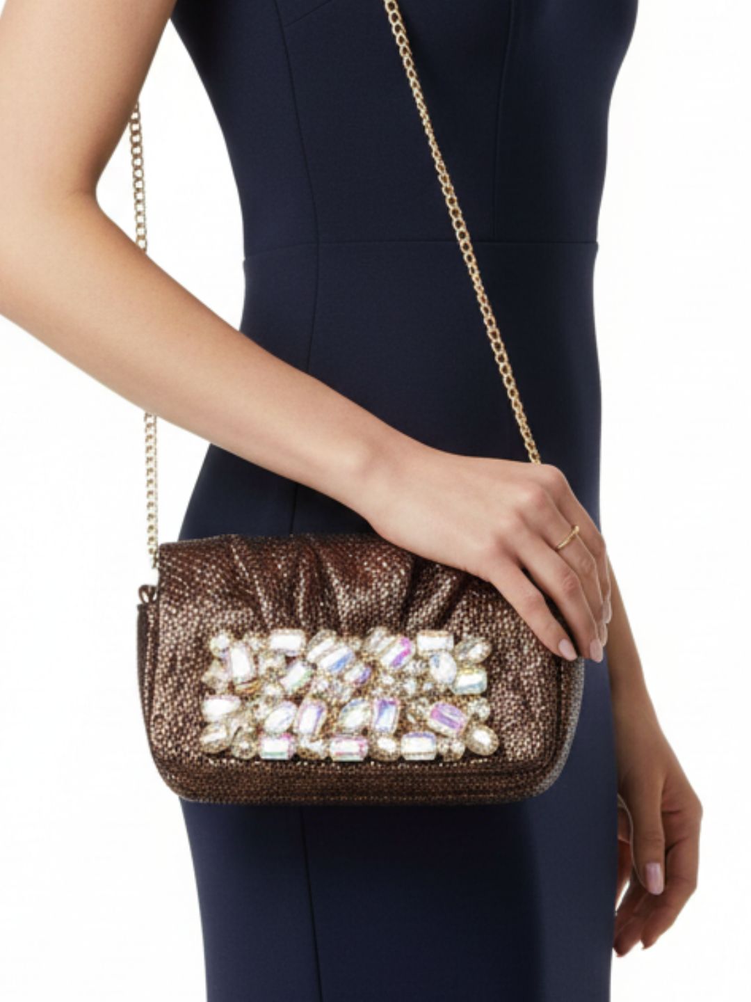 Minimalist Women Bronze Embellished Sling Bag With Magnet Lock For Party