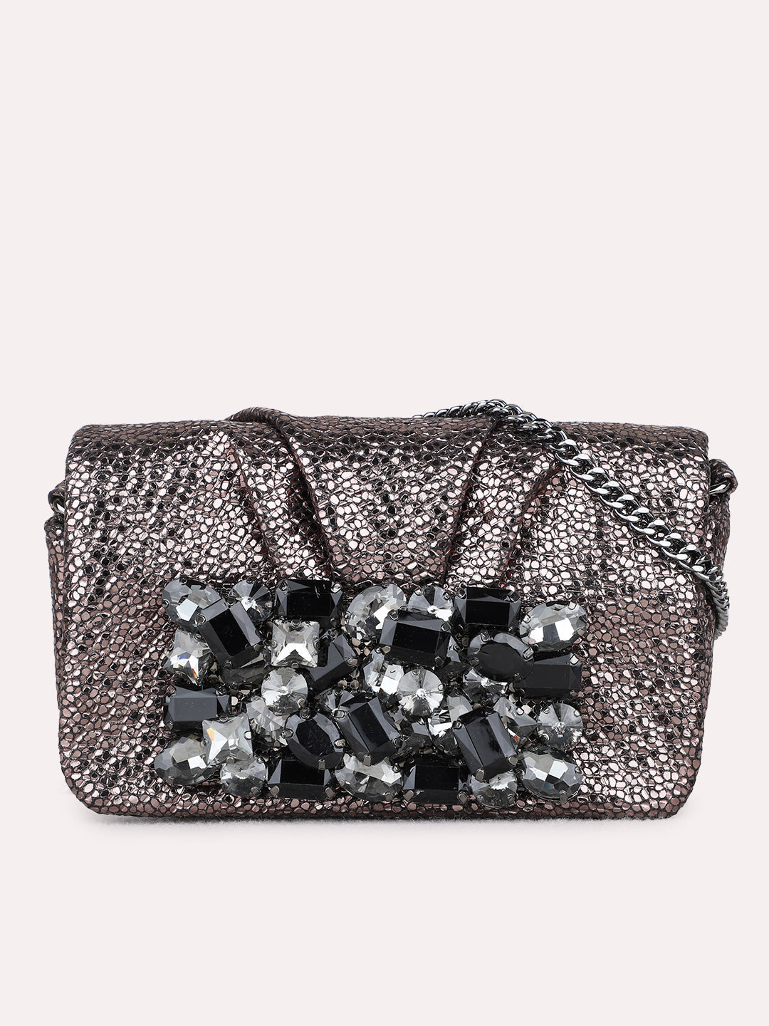 Minimalist Women Grey Embellished Sling Bag With Magnet Lock For Party