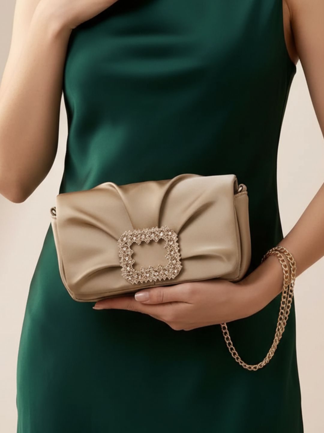Minimalist Women Beige Embellished Sling Bag With Magnet Lock For Party
