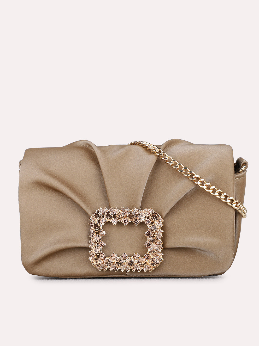 Minimalist Women Beige Embellished Sling Bag With Magnet Lock For Party