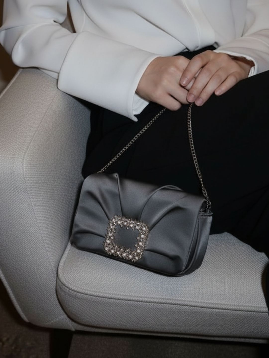 Minimalist Women Grey Embellished Sling Bag With Magnet Lock