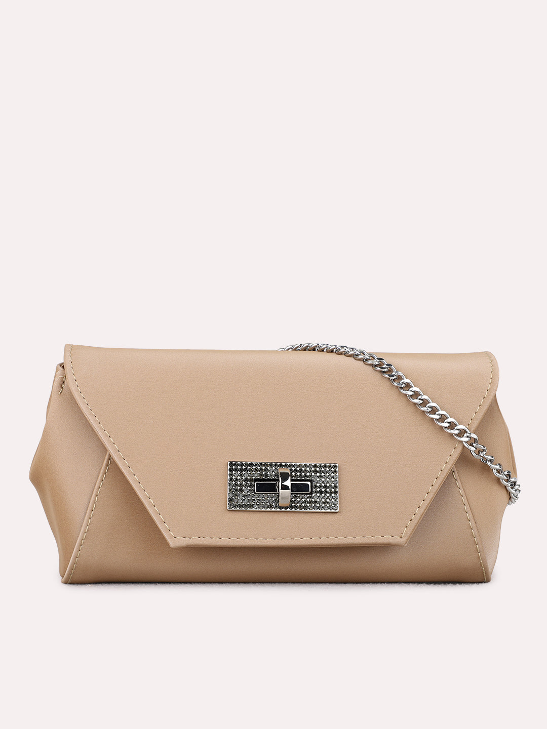 Minimalist Women Golden Solid Sling Bag With Twist Lock For Party