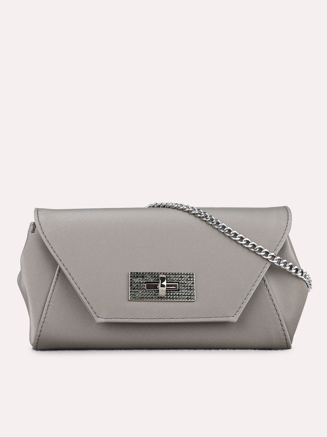 Minimalist Women Grey Solid Sling Bag With Twist Lock For Party