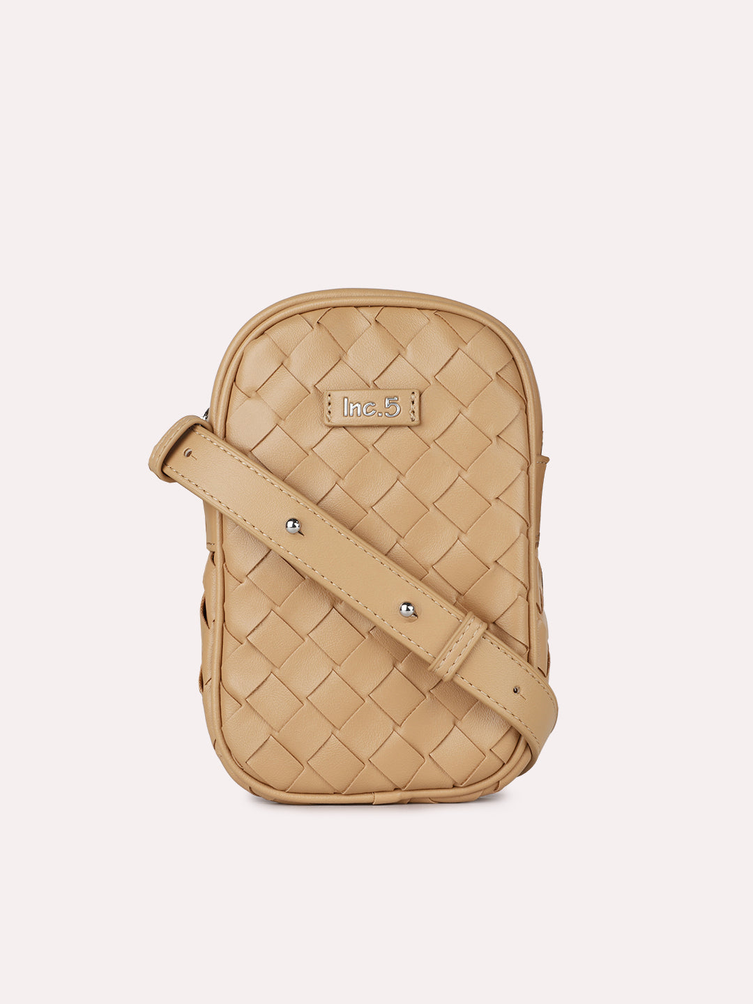 Minimalist Womens Beige Textured Phone Sling Bag With Zip Lock