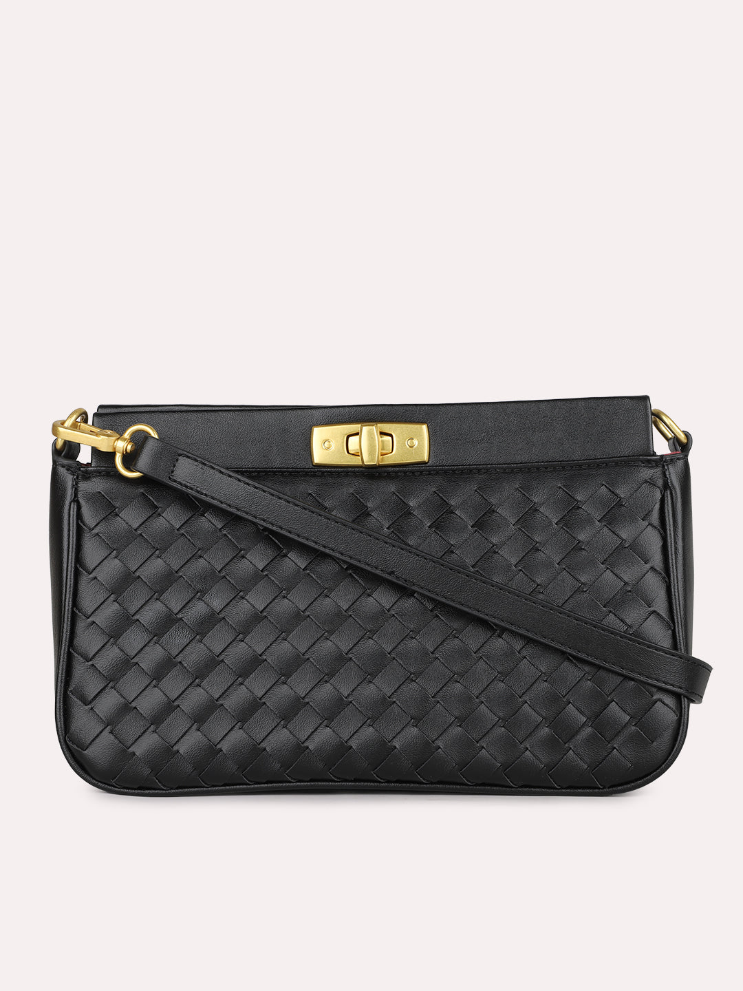 Minimalist Womens Black Textured Sling Bag With Twist Lock