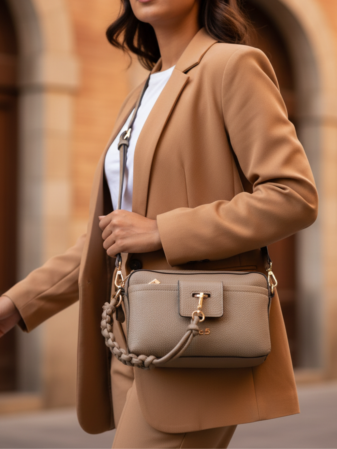 Minimalist Womens Taupe Sling Bag With Zip Lock For Party