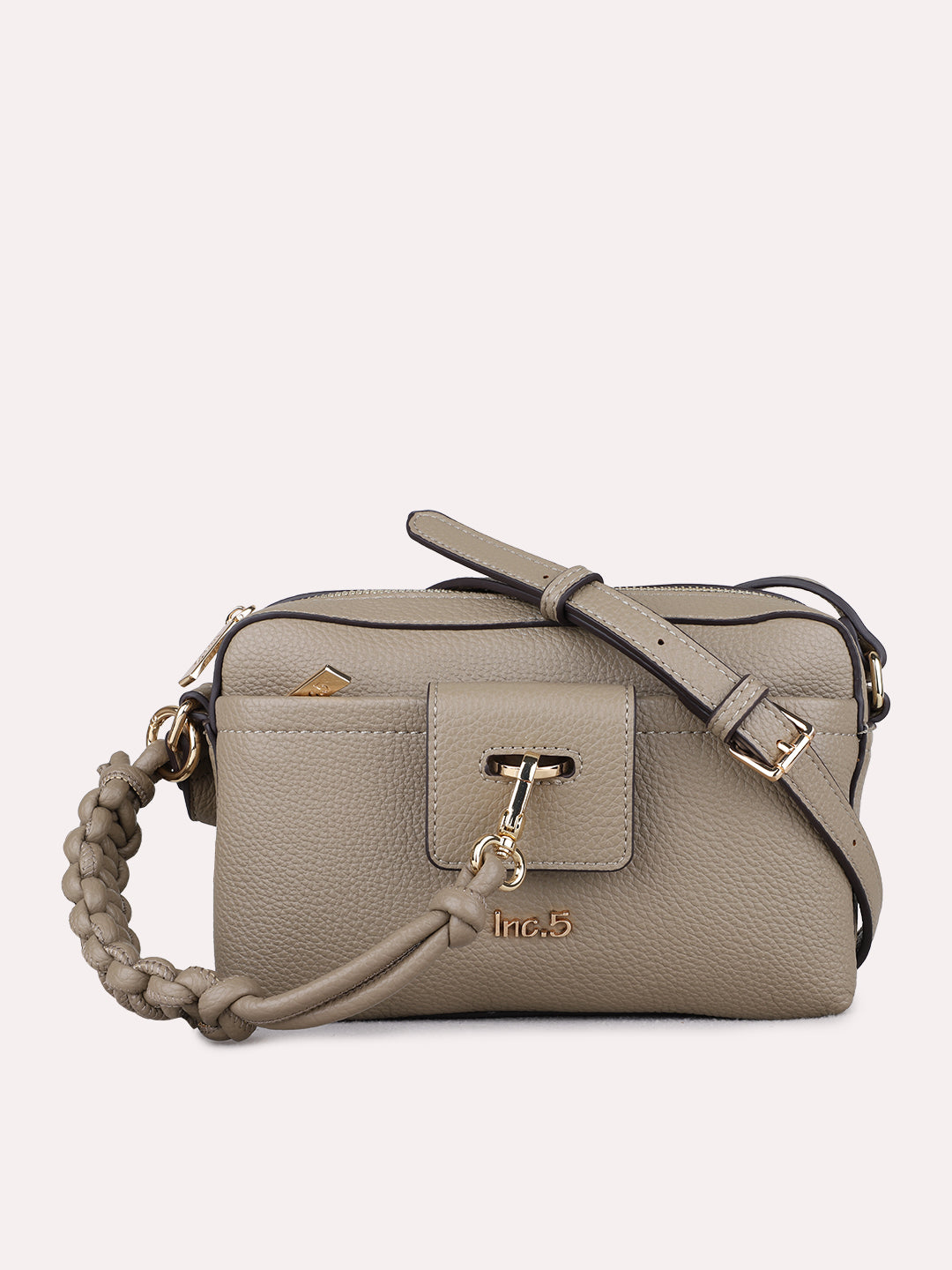 Minimalist Womens Taupe Sling Bag With Zip Lock For Party