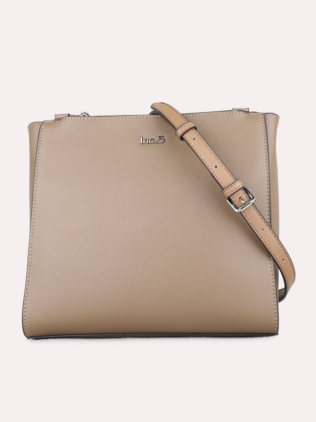 Minimalist Womens Taupe Shoulder Bag With Zip Lock For Party Use