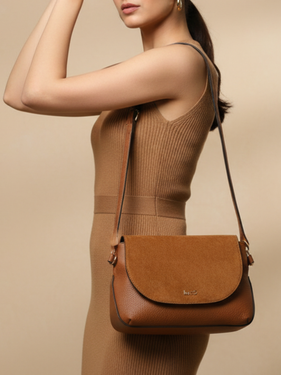 Minimalist Womens Tan Sling Bag With Magnet Button Lock For Casual