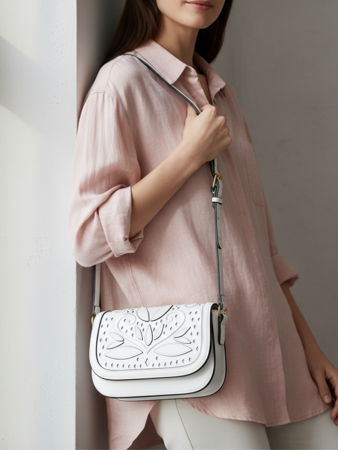 Minimalist Womens White Sling Bag With Magnet Button Lock For Party