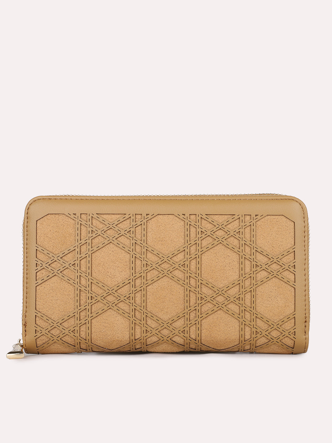 Minimalist Womens Beige Party Textured Wallet With Zip Lock
