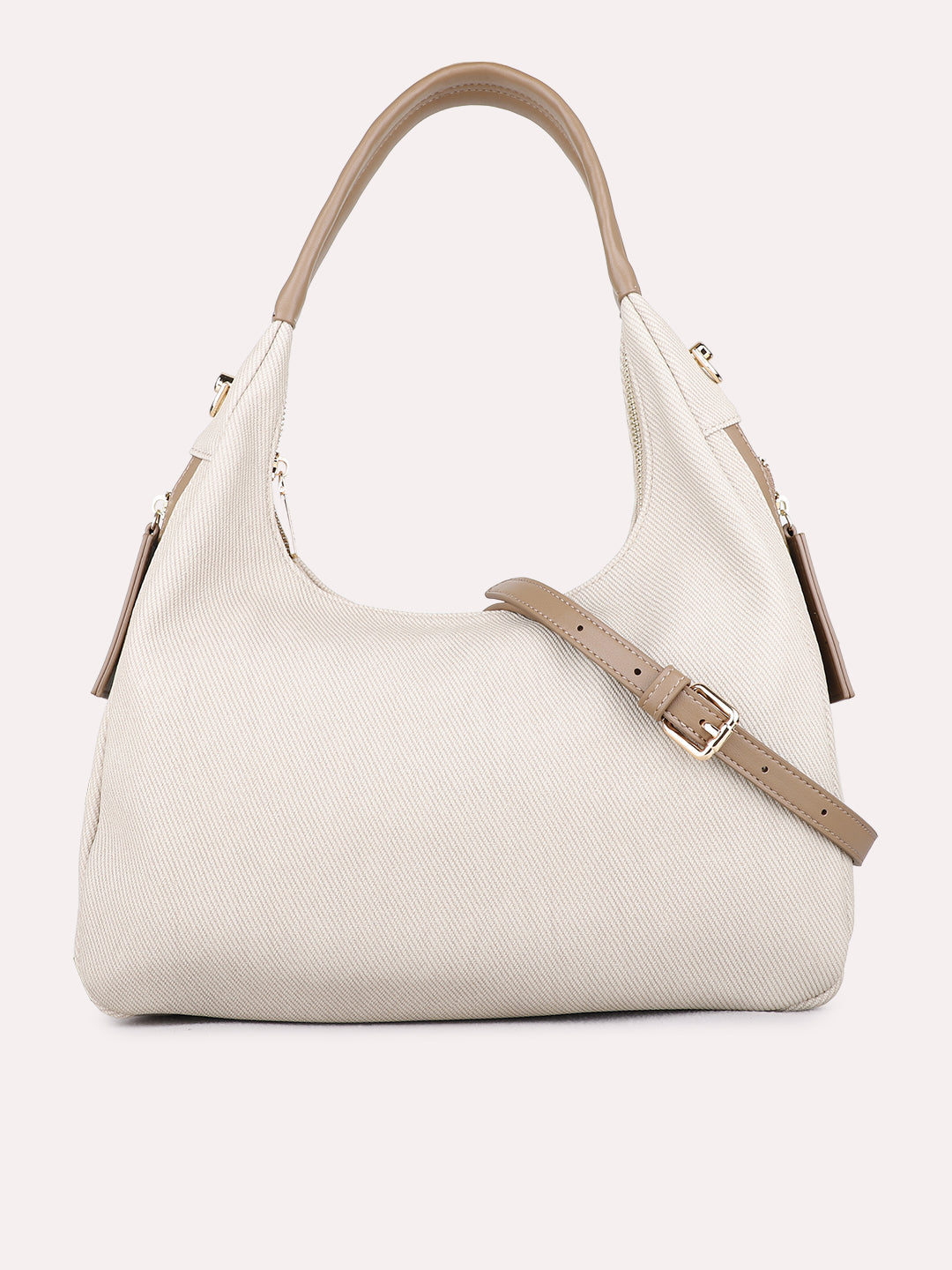 Minimalist Womens Beige Shoulder Bag With Zip Lock For Party Use